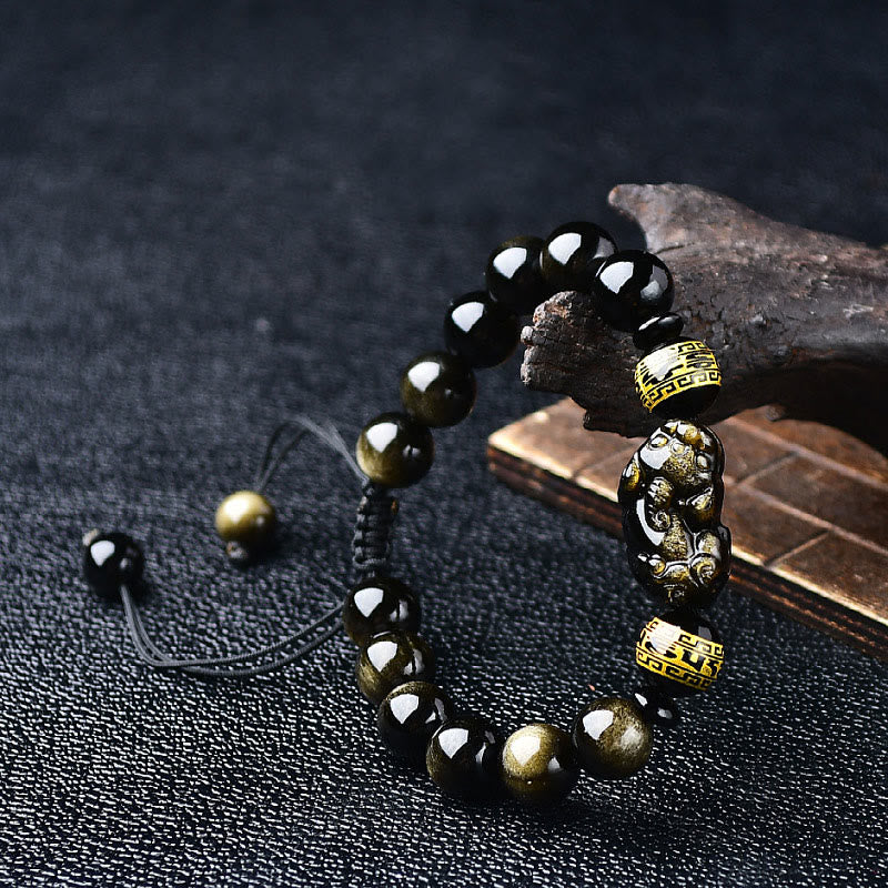 Natural Gold Sheen Obsidian Pixiu Om Mani Padme Hum Braided Bracelet
