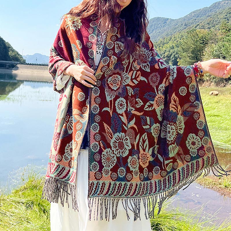 Tibetan Flower Floral Leaves Pattern Design Shawl Cozy Travel Scarf Wrap