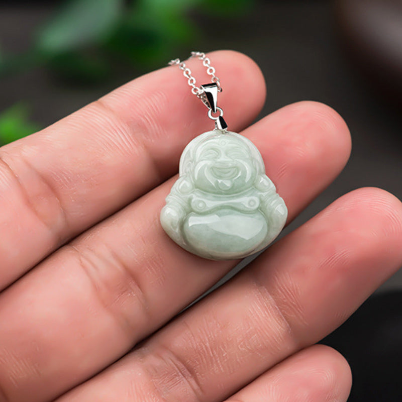 925 Sterling Silver Carved Jade Laughing Buddha Pendant Necklace