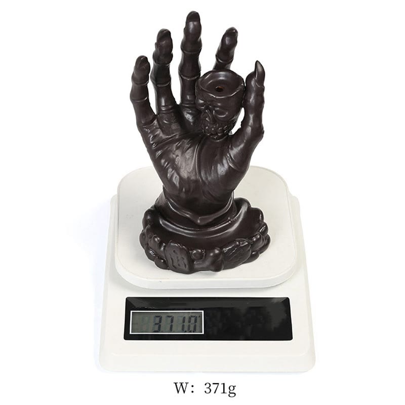 Ceramic Skull and Skeletal Hand Backflow Incense Burner for Atmospheric Meditation