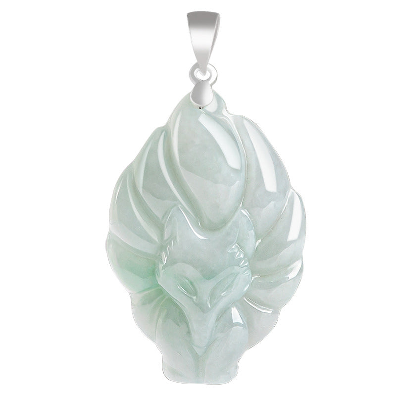 925 Sterling Silver Natural Jade Nine Tailed Fox Prosperity Necklace Pendant