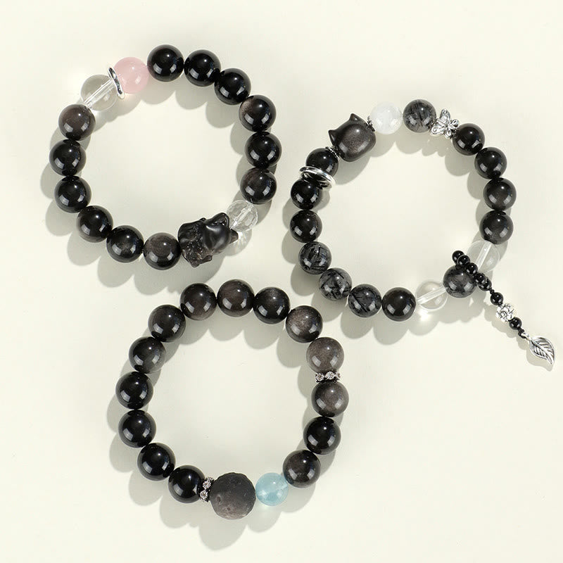 Natural Silver Sheen Obsidian Charm Bracelet with Rose Quartz, Aquamarine, Black & Clear Quartz