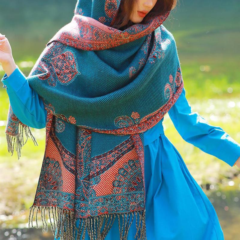 Tibetan Vine Leaves Pattern Design Shawl Cozy Travel Scarf Wrap