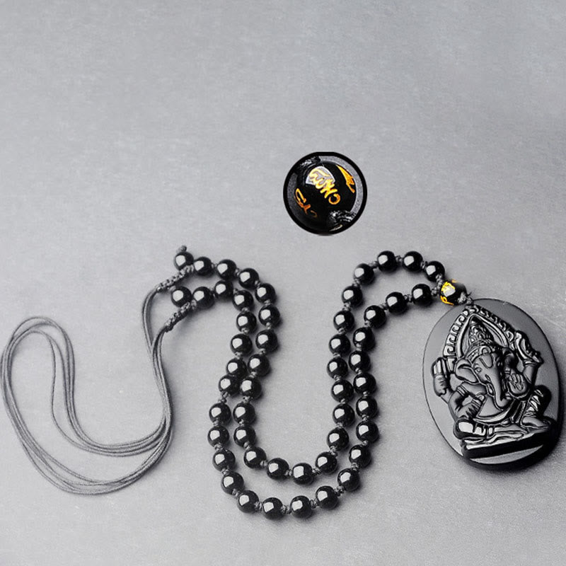 Tibetan Obsidian Ganesh Ganpati Elephant Wealth Amulet Necklace