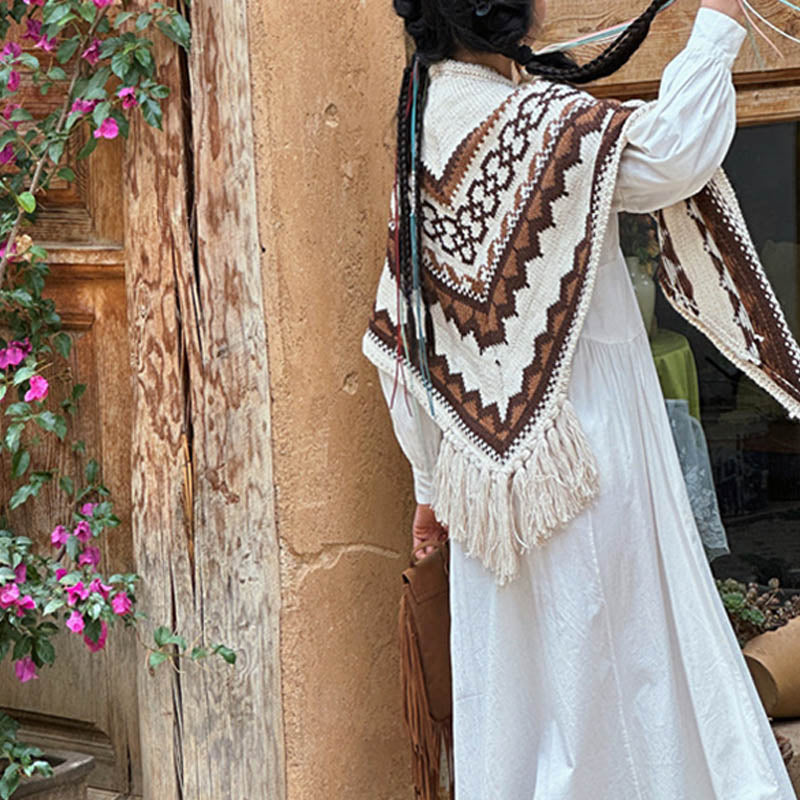 Tibetan Striped Brown Beige Tassel Shawl Winter Cozy Travel Scarf Wrap