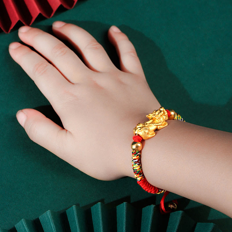 999 Sterling Silver Pixiu Red String Braided Vajra Knot Bracelet for Kids