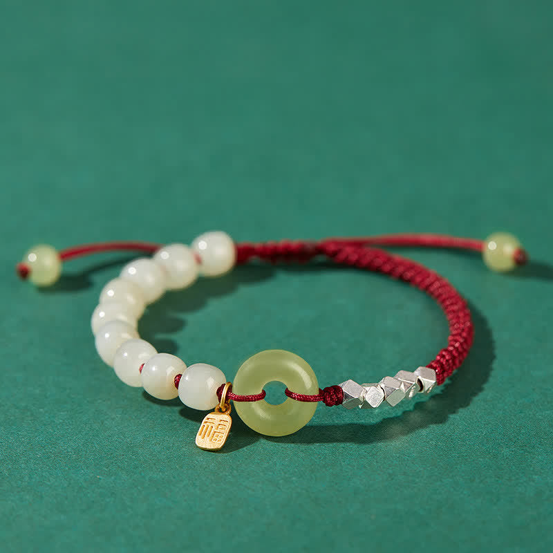 Hand-Woven Hetian Jade Ping An Kou Gold Plated Sterling Silver Beaded Bracelet