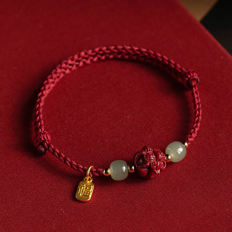 Handmade Cinnabar & Hetian Jade Sterling Silver Chinese Zodiac Fu Red String Bracelet