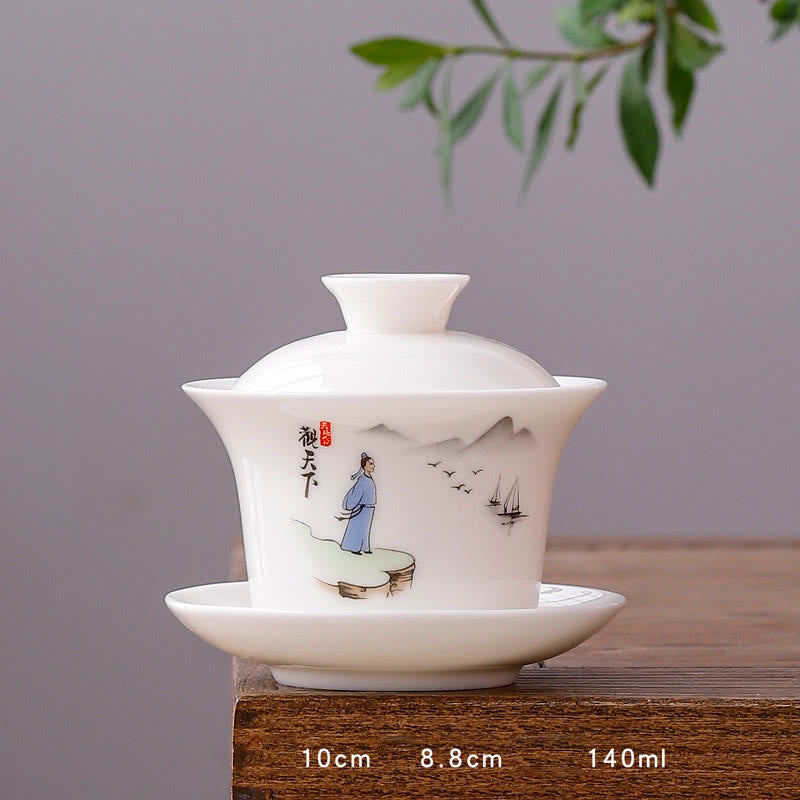 White Porcelain Mountain Landscape Countryside Ceramic Gaiwan Teacup Kung Fu Tea Cup And Saucer With Lid