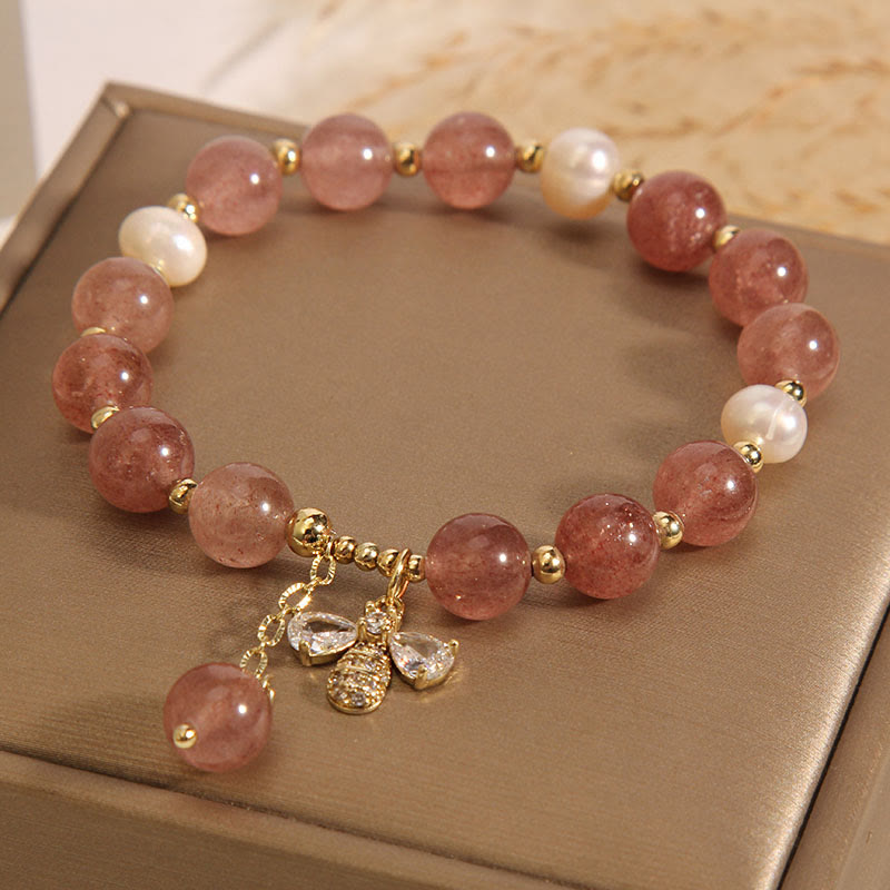 Strawberry Quartz and Pearl Beaded Bracelet with Zircon Honeybee Charm