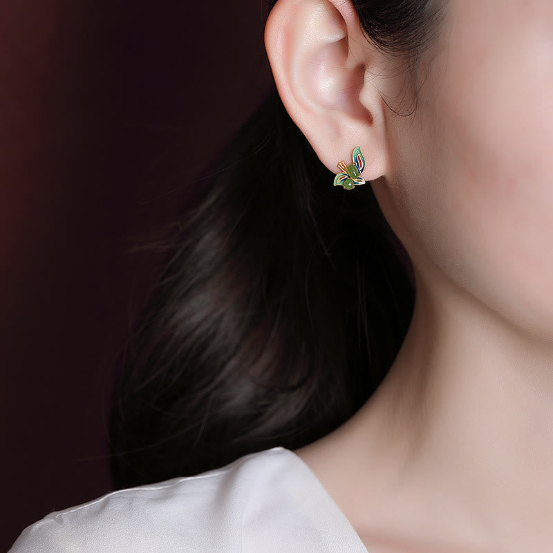 925 Sterling Silver Plated Gold Natural Cyan Jade Butterfly Luck Healing Earrings