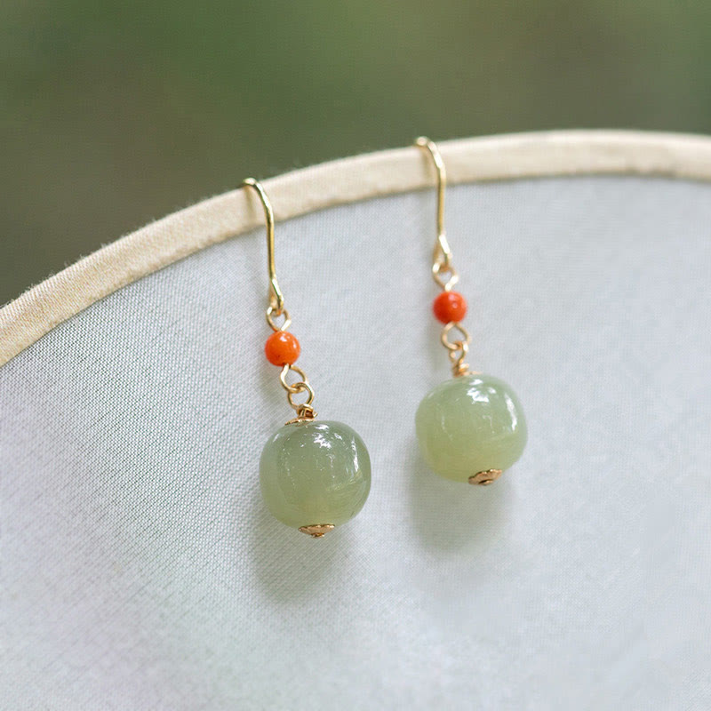 925 Sterling Silver Plated 14k Gold Hetian Jade Red Agate Luck Drop Dangle Earrings