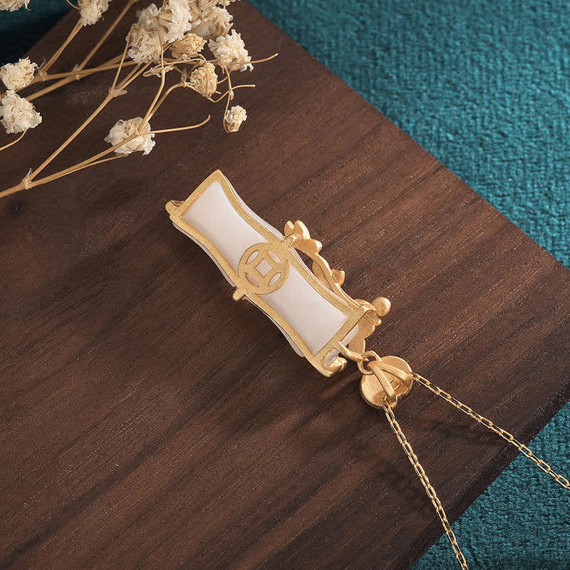 White Jade Bamboo Lotus Flowers Luck Protection Necklace Pendant