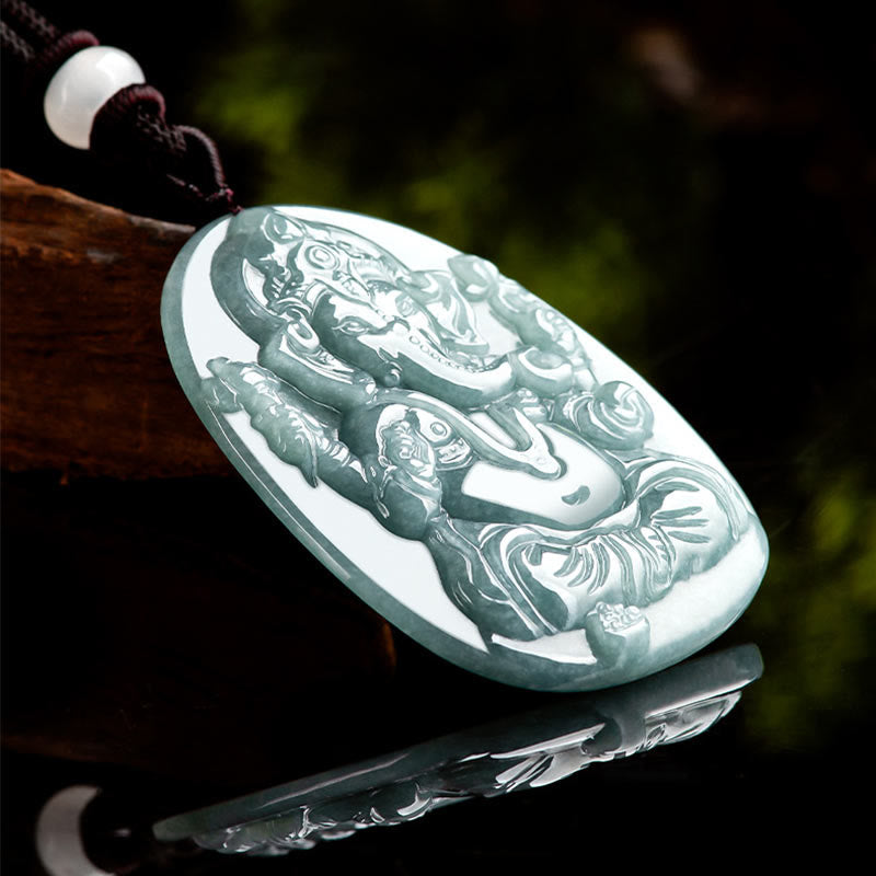 Natural Jade Ganesh Ganpati Elephant Protection Amulet Necklace Pendant