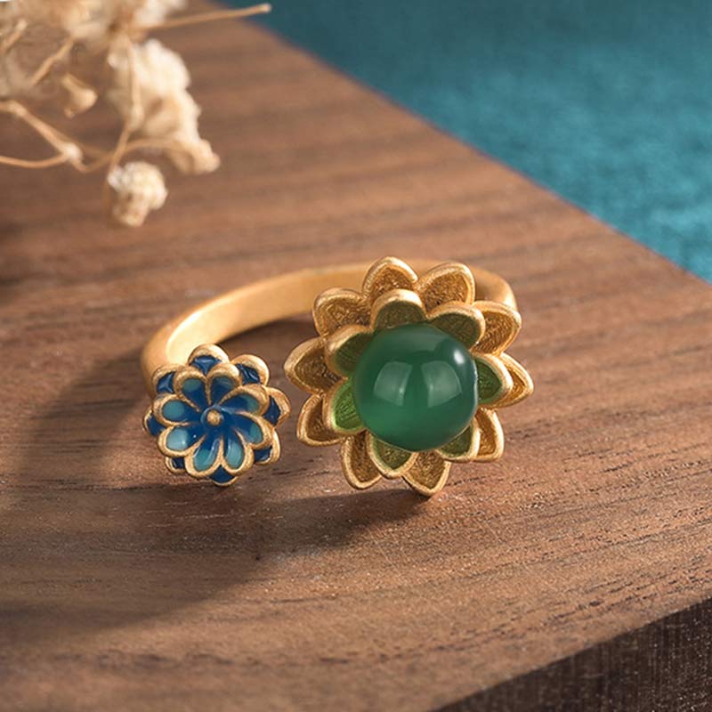 Adjustable Hand-Finished Jade Lotus Pattern Ring
