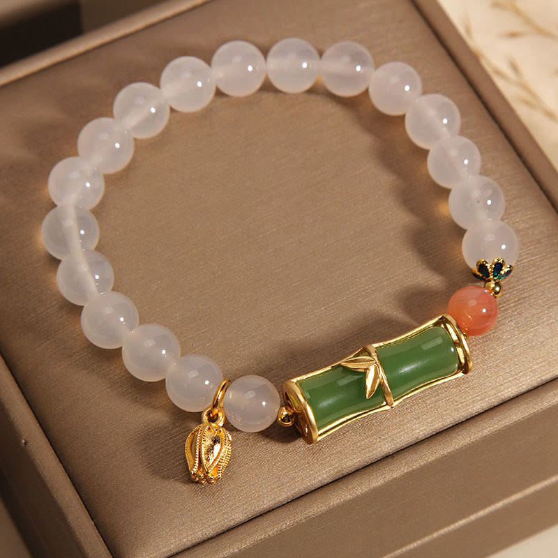 Natural White Agate Jadeite Bamboo Bead Bracelet (14-16cm Wrist) for Clarity