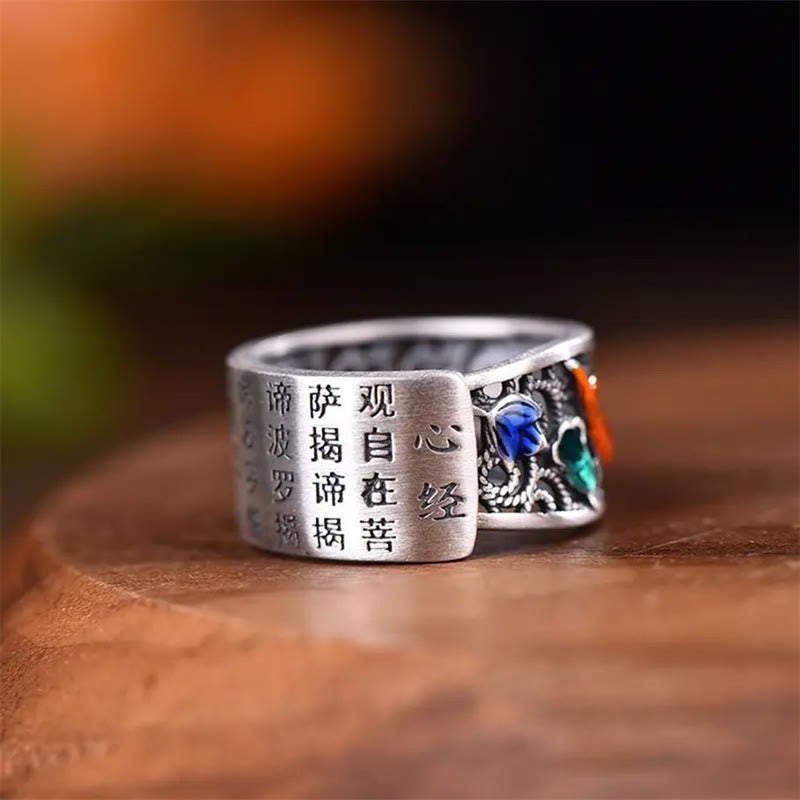 Copper Blue Enamel Lotus Heart Sutra Koi Fish Luck Ring