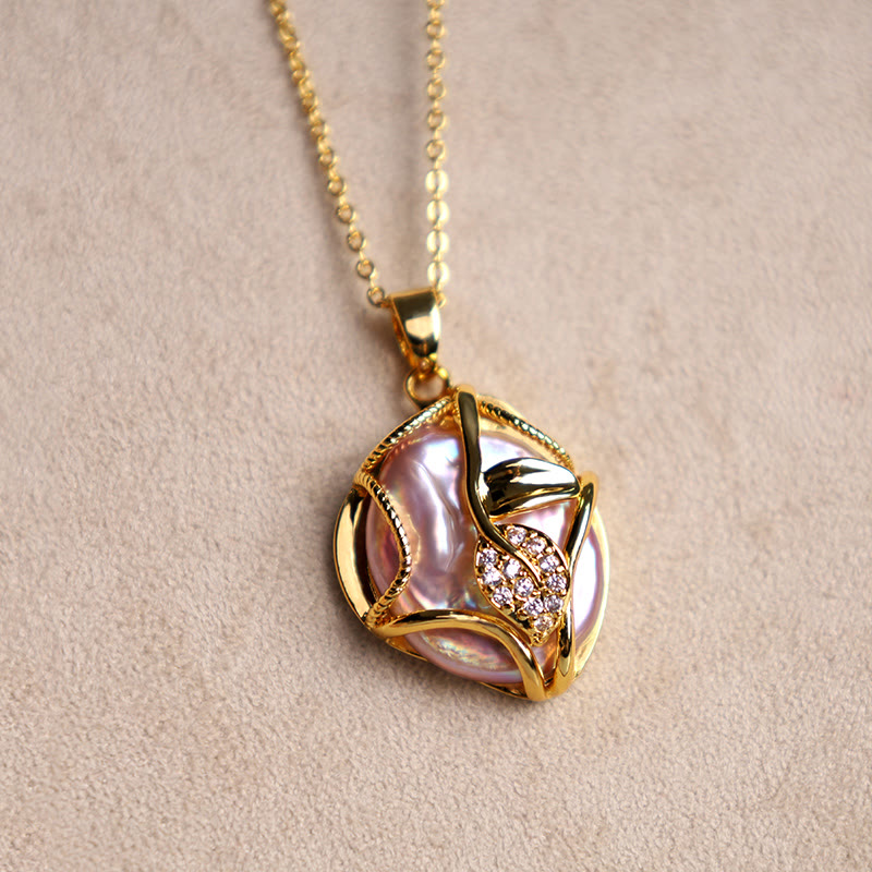 18K Gold Plated Copper Natural Baroque Pearl Flower Sincerity Necklace Pendant