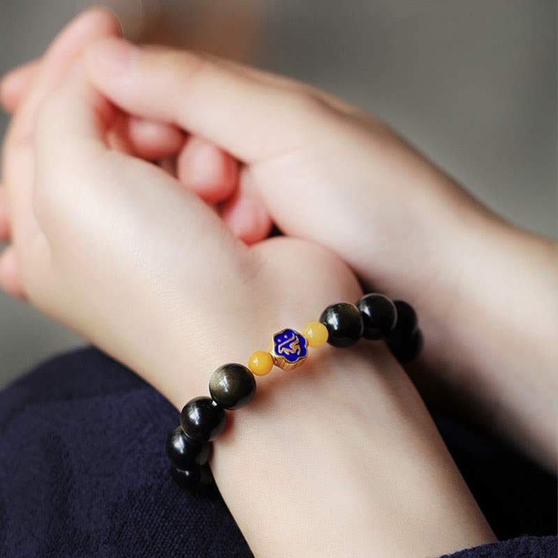 Natural Gold Sheen Obsidian & Amber Bracelet with 925 Sterling Silver and Zodiac Guardian