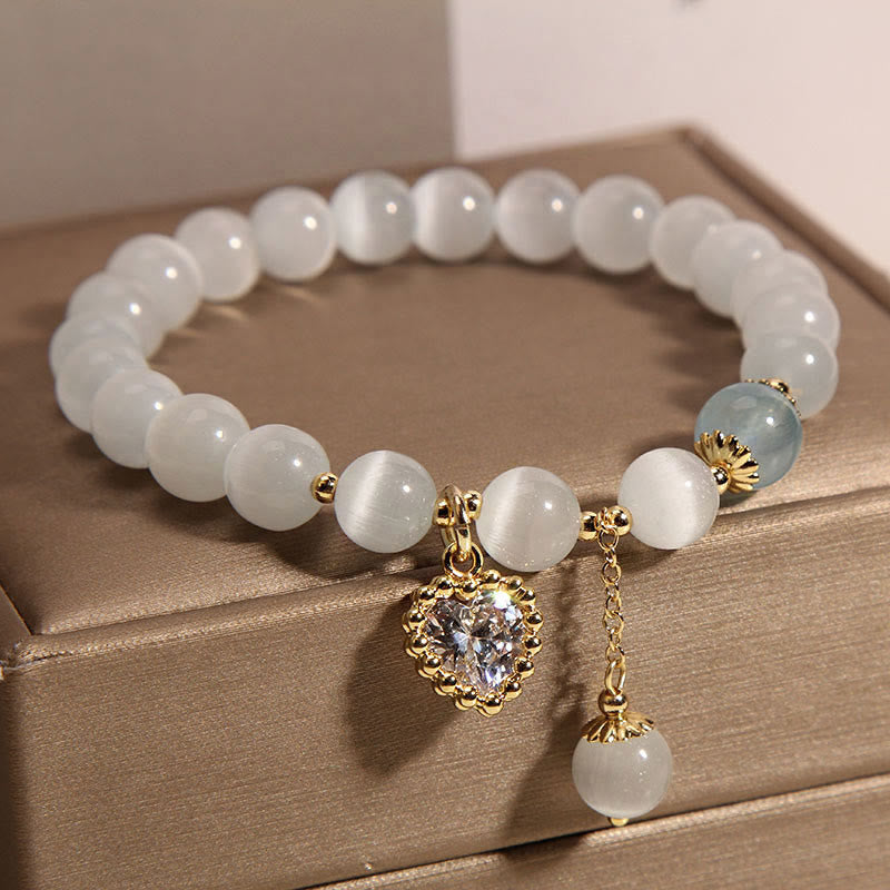 Cat's Eye and Blue Quartz Heart Zircon Charm Beaded Bracelet