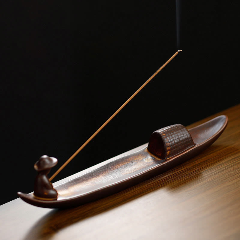 Handcrafted Ceramic Fisherman Zen Scene Healing Incense Burner