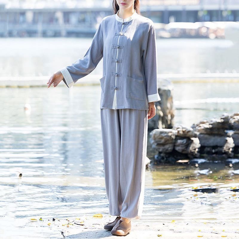 2Pcs Frog-Button Long Sleeve Shirt Top Pants Meditation Zen Tai Chi Cotton Linen Clothing Women's Set