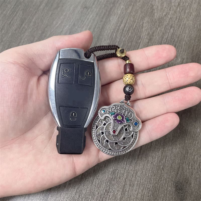 Handcrafted Copper Peony Flower and Ancient Chinese Coin Accessory Keychain