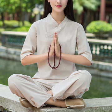 2Pcs Half Sleeve V-Neck Shirt Top Pants Meditation Zen Tai Chi Linen Clothing Women's Set