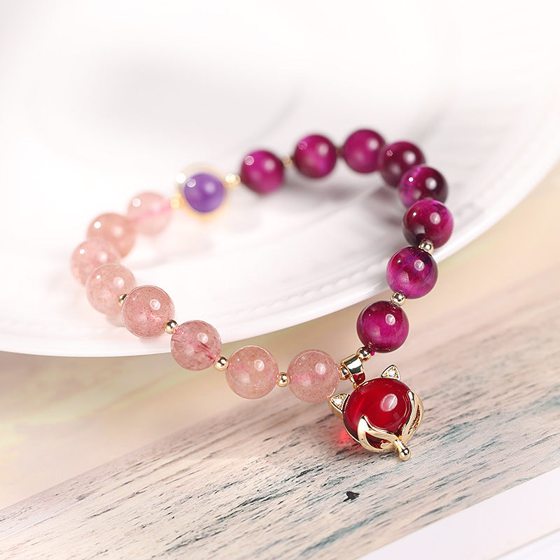 Natural Strawberry Quartz & Tiger Eye Pixiu Beaded Bracelet for Heart-Centered Connection