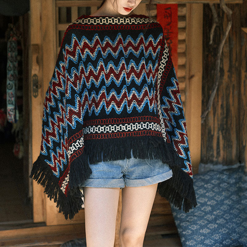 Tibetan Shawl Striped Knitted Tassels Pullover Winter Cozy Travel Scarf Wrap