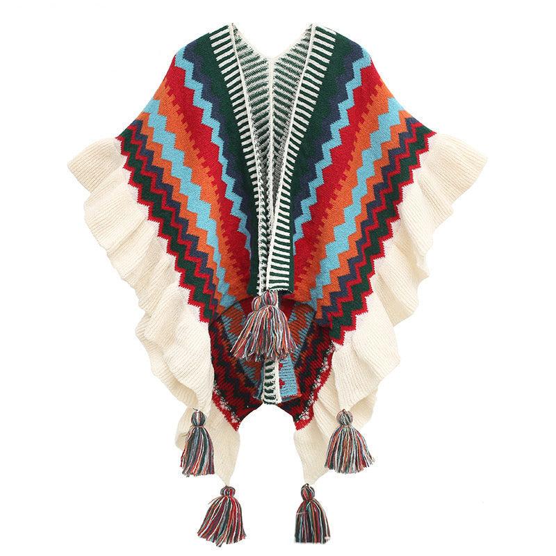 Tibetan Shawl Colorful Striped Wavy Line Tassels Winter Cozy Travel Scarf Wrap