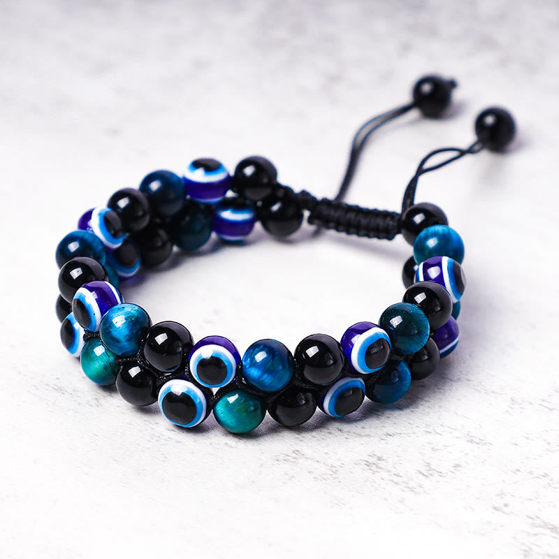 Handmade Evil Eye Hematite and Tiger Eye Adjustable Beaded Bracelet for Men and Women