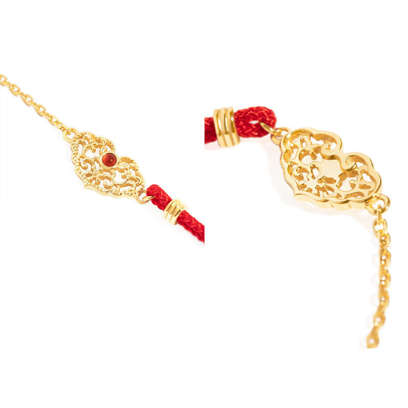 Handmade Red String Bracelet with Gold Longevity Lock and Red Agate