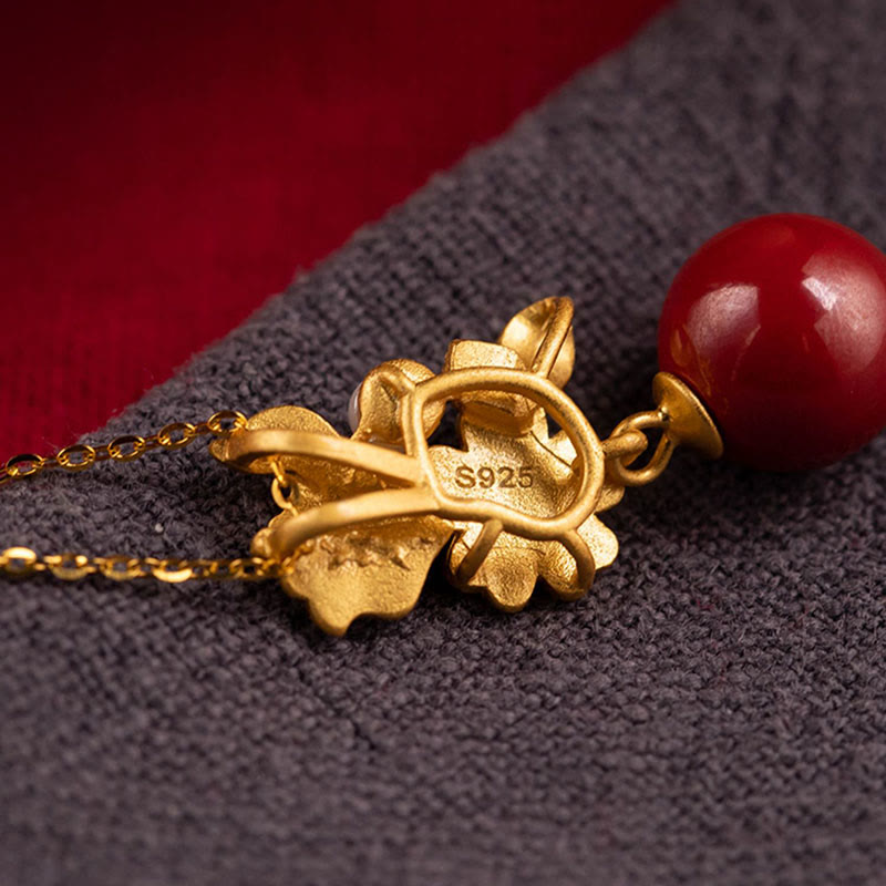 925 Sterling Silver Plated Gold Cinnabar Pearl Flower Blessing Necklace Pendant Earrings Ring Set