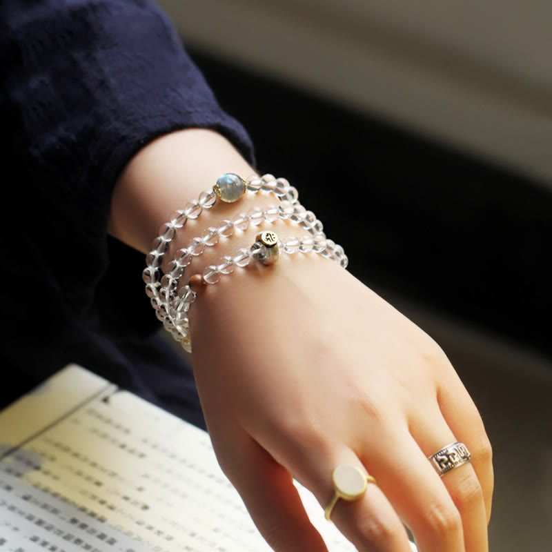 925 Sterling Silver Chinese Zodiac Natal Buddha White Crystal Meditation Triple Wrap Bracelet