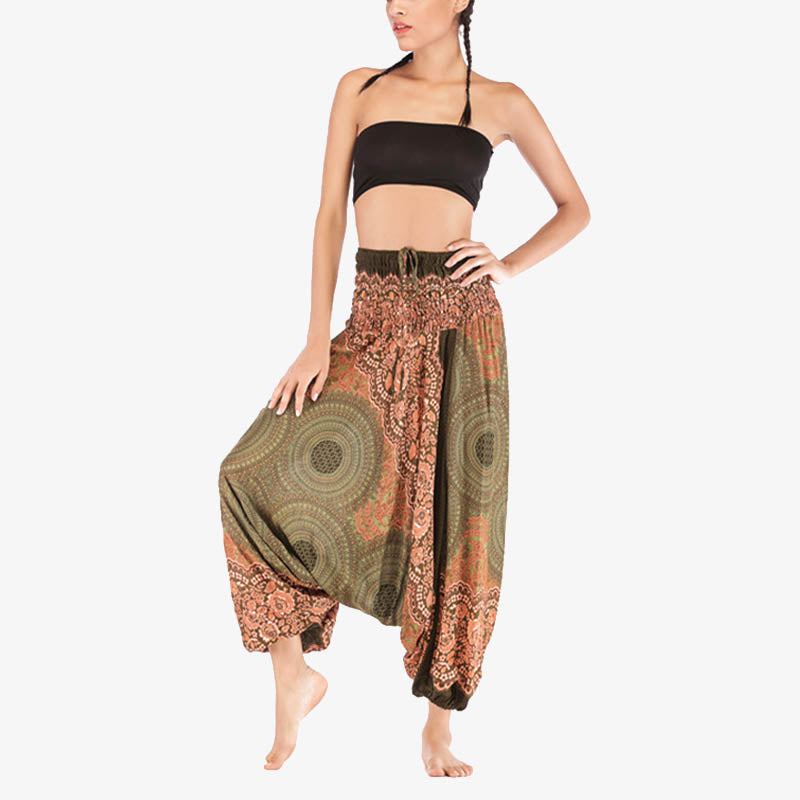 Two Style Wear Round Geometric Pattern Loose Smocked Harem Trousers Jumpsuit High Waist Women's Yoga Pants