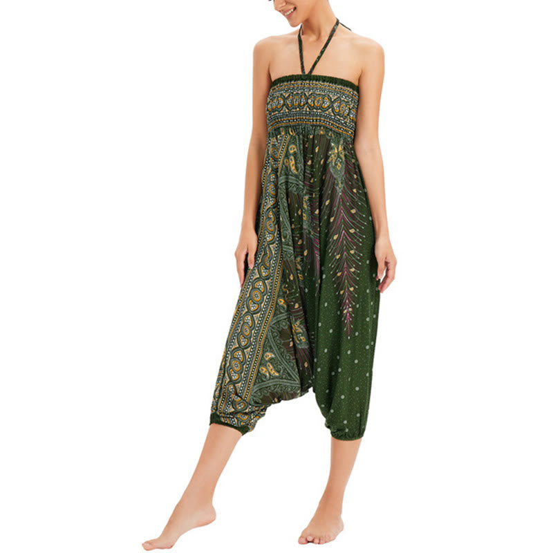 Two Style Wear Peacock Feather Loose Smocked Harem Trousers Jumpsuit High Waist Pants