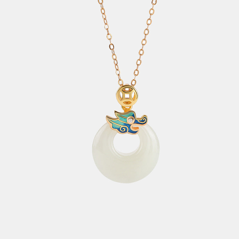 925 Sterling Silver Plated Gold Year of the Dragon Hetian Jade Peace Buckle Copper Coin Abundance Necklace Pendant