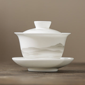 Vintage Ink Painting Mountain White Porcelain Ceramic Gaiwan Sancai Teacup Kung Fu Tea Cup And Saucer With Lid Tea Utensil Teapot
