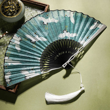 Vintage Blue White Crane Pattern Handheld Silk Bamboo Folding Fan