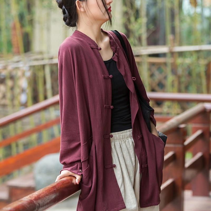 Frog-Button Long Sleeve Zen Meditation Open Front Jacket With Pockets