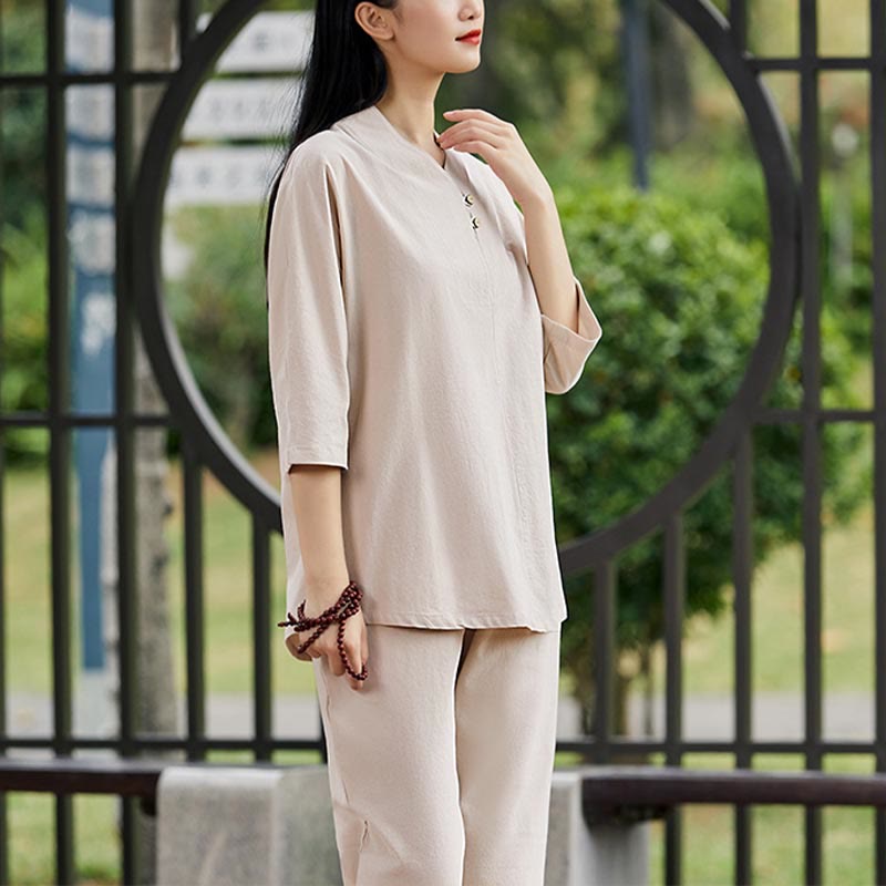 2Pcs Shirt Top Pants Meditation Zen Tai Chi Cotton Linen Clothing Women's Set
