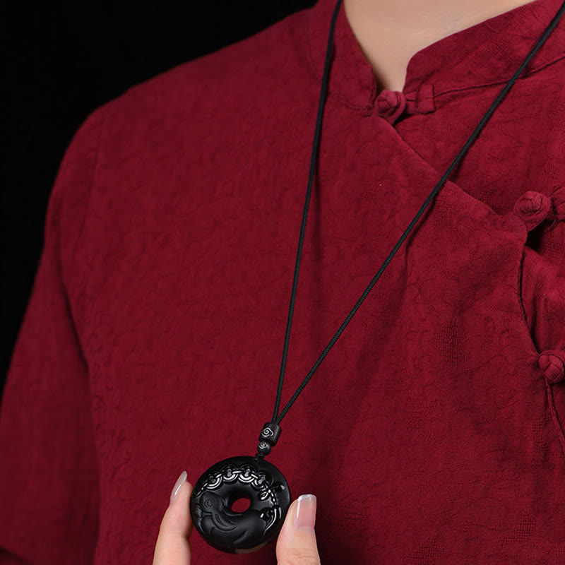 Chinese Zodiac Natural Black Obsidian Peace Buckle Strength Necklace Pendant