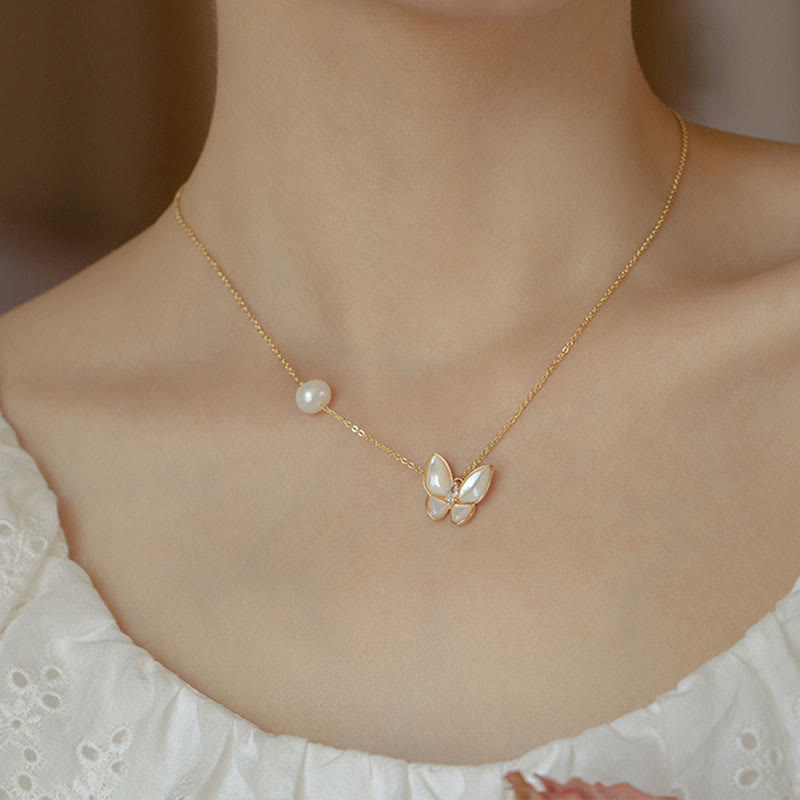 14K Gold Plated Copper Pearl Tridacna Stone Butterfly Blessing Ring Bracelet Necklace Pendant Earrings Set