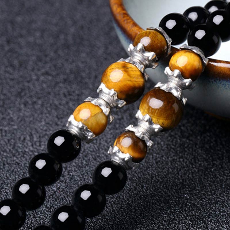 108 Beads Natural Black Obsidian Tiger Eye Mala Bracelet