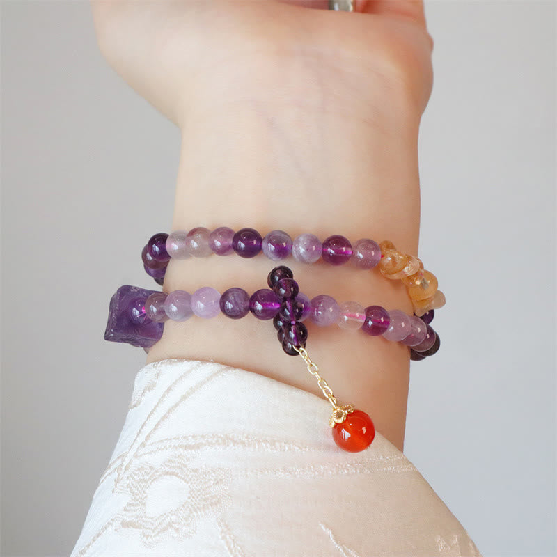 Natural Amethyst Citrine & Red Agate Beaded Double Wrap Bracelet