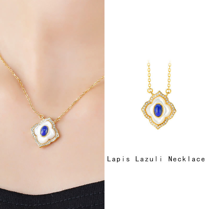 925 Sterling Silver Tridacna Stone Lazurite Prismatic Design Blessing Earrings Necklace Pendant Jewelry Set