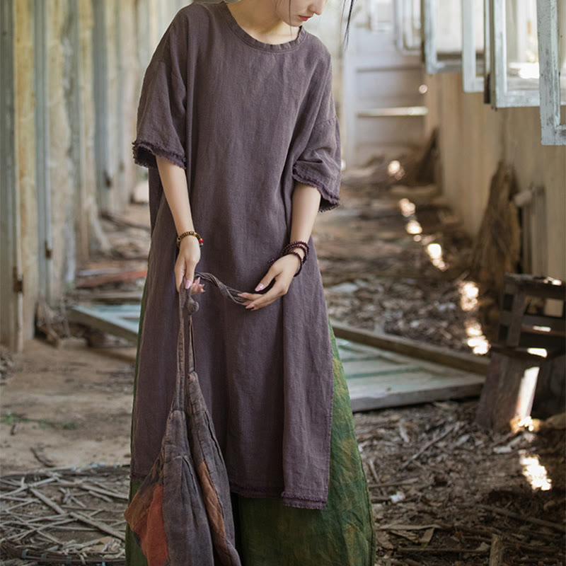 Mid Length Dress Ramie Linen Half Sleeve Split Hem Top T-Shirt