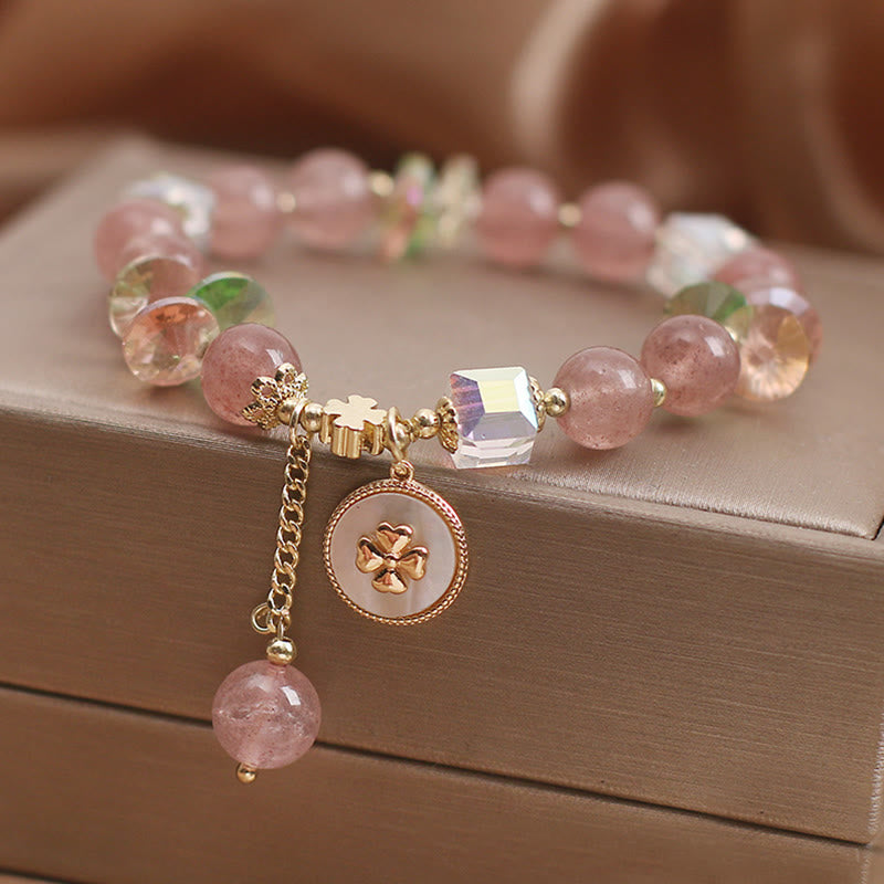 Strawberry Quartz Lucky Four Leaf Clover Healing Charm Bracelet