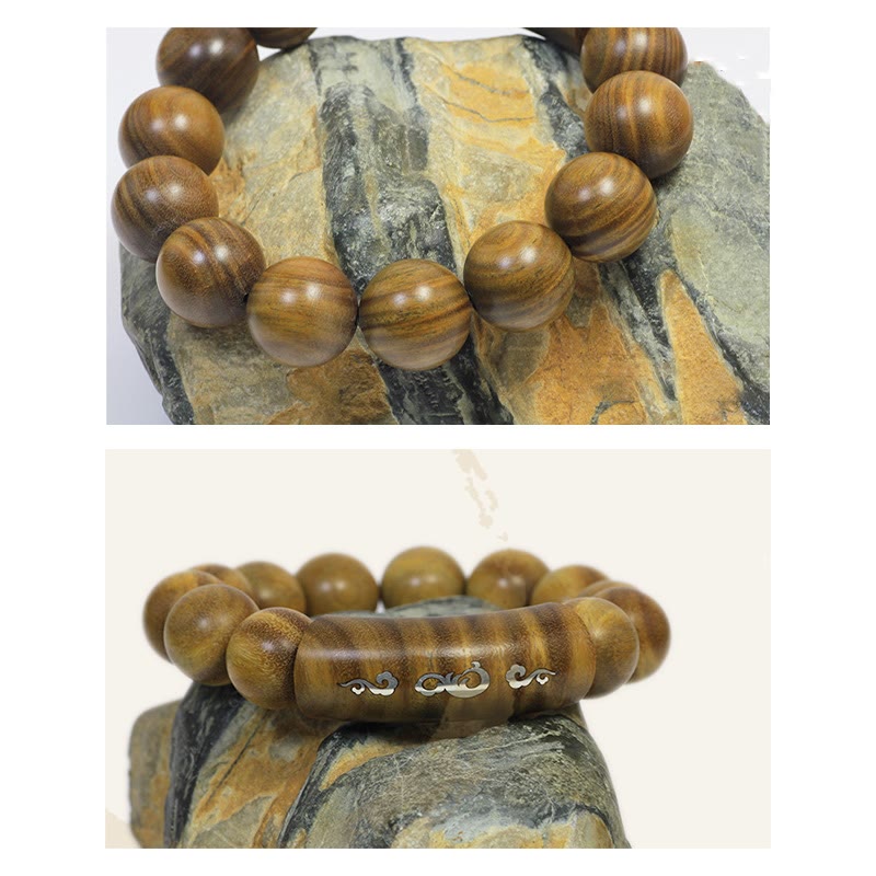 999 Sterling Silver Green Sandalwood Om Mani Padme Hum Dragon Phoenix Dharmachakra Inlaid Peace Bracelet
